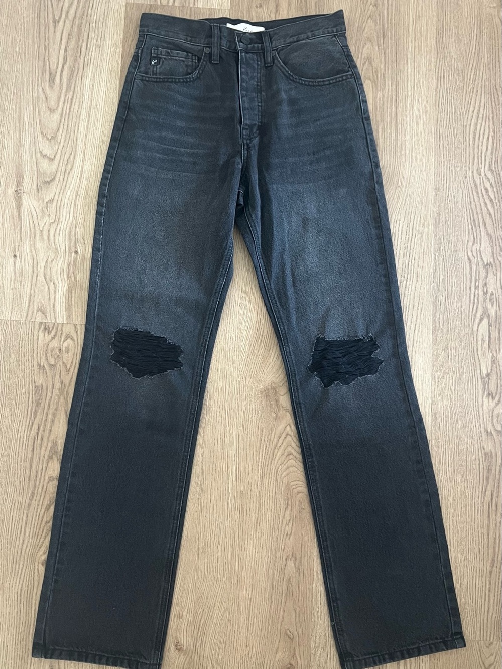 KanCan Women's Distressed Straight Jeans Black Dark Wash Denim
